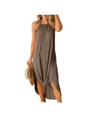 For G and PL Summer Side Slit Halter Maxi Dress NEW Khaki Brown SMALL
